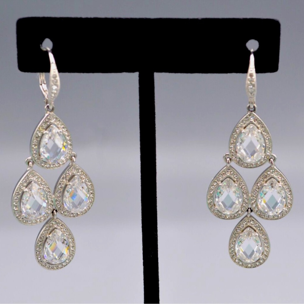 Nadri Chandelier Earrings CZ Crystal Silver Tone Bridal Evening Wear